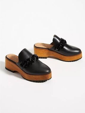 Kelsi Dagger Black Leather Chain-Trim Platform Clogs